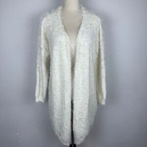 Laguna Azul White Fuzzy Knit Silk Blend Long Sleeve Open Front Cardigan Sweater‎